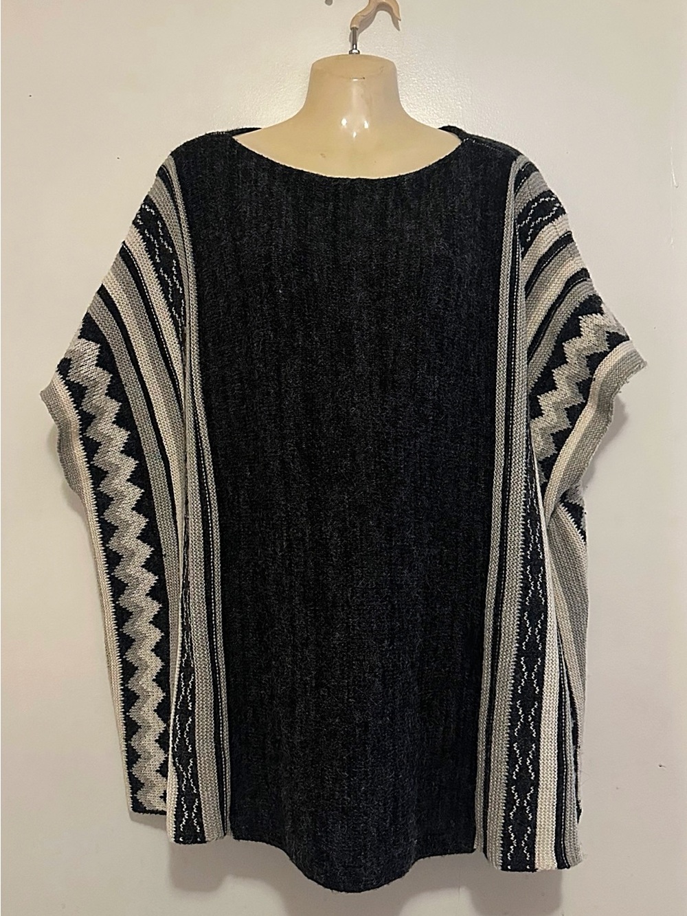 Black & Gray Knit Poncho Sweater - Women's Cozy Layer